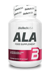 BioTechUSA ALA Alpha Lipoic Acid supplement bottle - 250mg, 50 capsules, potent antioxidant for health.